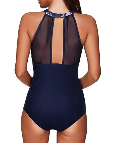 Halter High Neck Mesh Plunge Swimsuit With Tummy Control-Navy Blue Floral