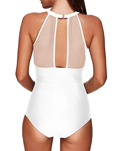 Halter Neck One Piece Swimsuit With Ruched Tummy Control For Women-White