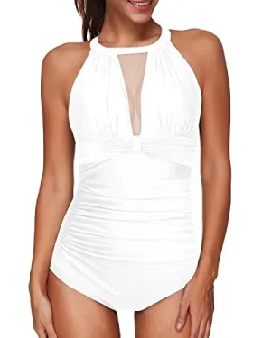 Halter Neck One Piece Swimsuit With Ruched Tummy Control For Women-White