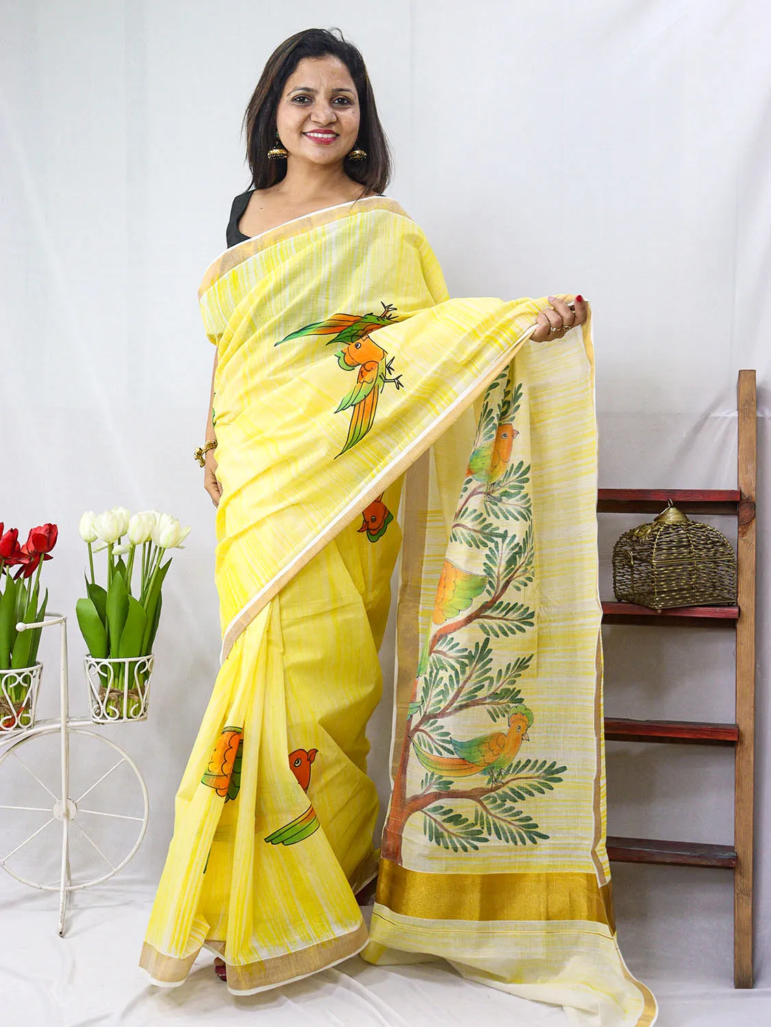 Hand-painted Kerala cotton saree - Vibrant yellow, pure elegance