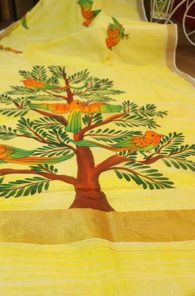 Hand-painted Kerala cotton saree - Vibrant yellow, pure elegance