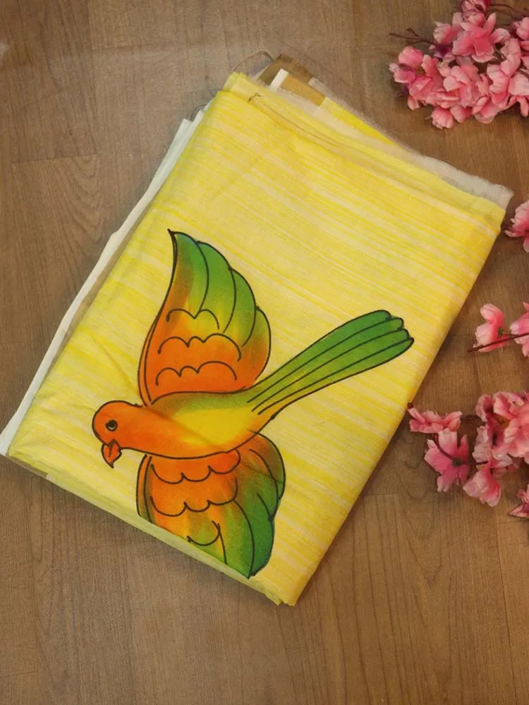 Hand-painted Kerala cotton saree - Vibrant yellow, pure elegance