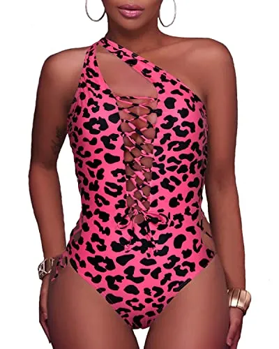 High Cut Cross Back Plunge V Neck One Piece Swimsuits-Hot Pink Leopard