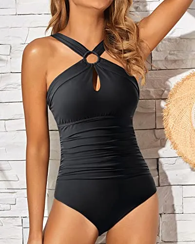 High Neck Keyhole One Piece Swimsuit for Women Vintage Bathing Suit