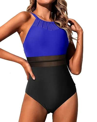 High Neck Mesh Cutout One Piece Swimsuit