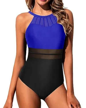 High Neck Mesh Cutout One Piece Swimsuit
