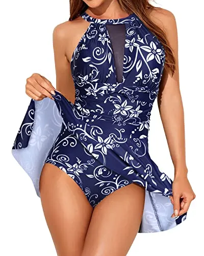 High Neck Ruched One Piece Tummy Control Swimsuits For Women-Navy Blue Floral