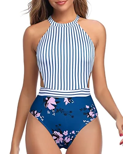 Hollow Out High Neck One Piece Swimsuits Removable Padded For Women-Blue Floral