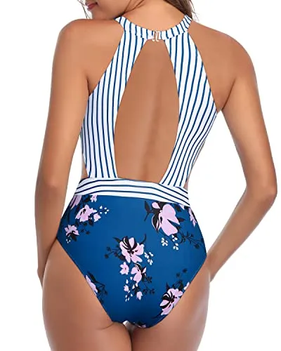 Hollow Out High Neck One Piece Swimsuits Removable Padded For Women-Blue Floral