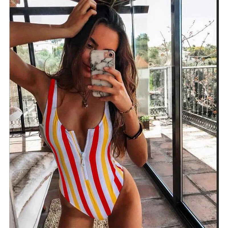 Hot Ladies' Zippered Push Up Bathing Suit With Striped Dots Print One Piece