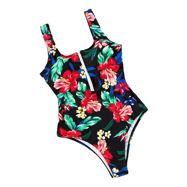 Hot Ladies' Zippered Push Up Bathing Suit With Striped Dots Print One Piece
