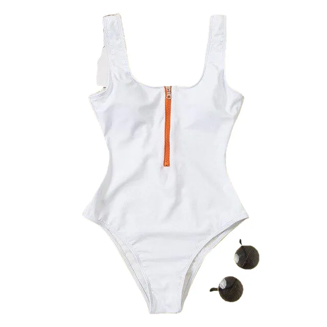 Hot Ladies' Zippered Push Up Bathing Suit With Striped Dots Print One Piece