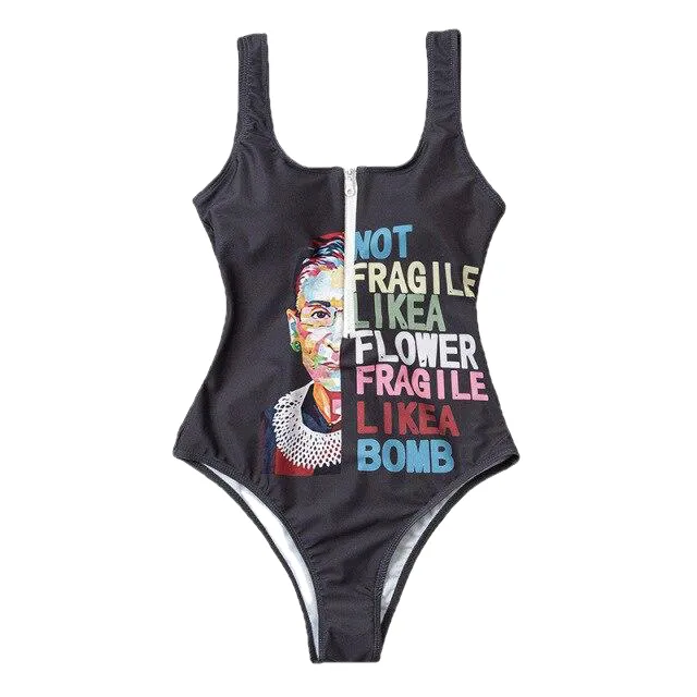 Hot Ladies' Zippered Push Up Bathing Suit With Striped Dots Print One Piece