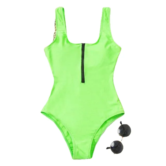 Hot Ladies' Zippered Push Up Bathing Suit With Striped Dots Print One Piece