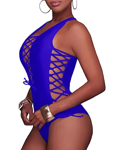 Lace Up Plunge V Neck Monokini One Piece Swimsuits-Royal Blue