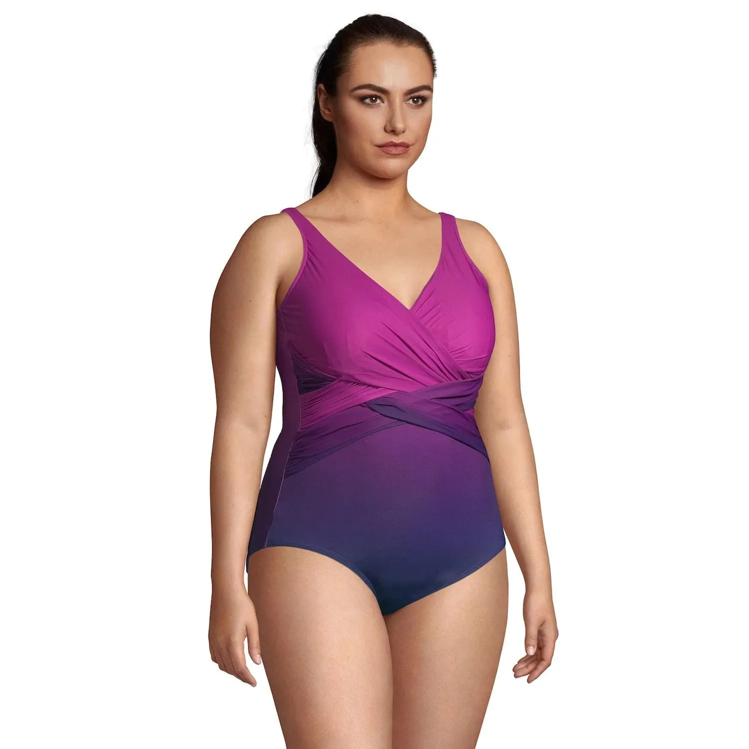 Large Size Lands' End SlenderSuit Lands' End Tummy Control One-Piece Swimsuit, Black