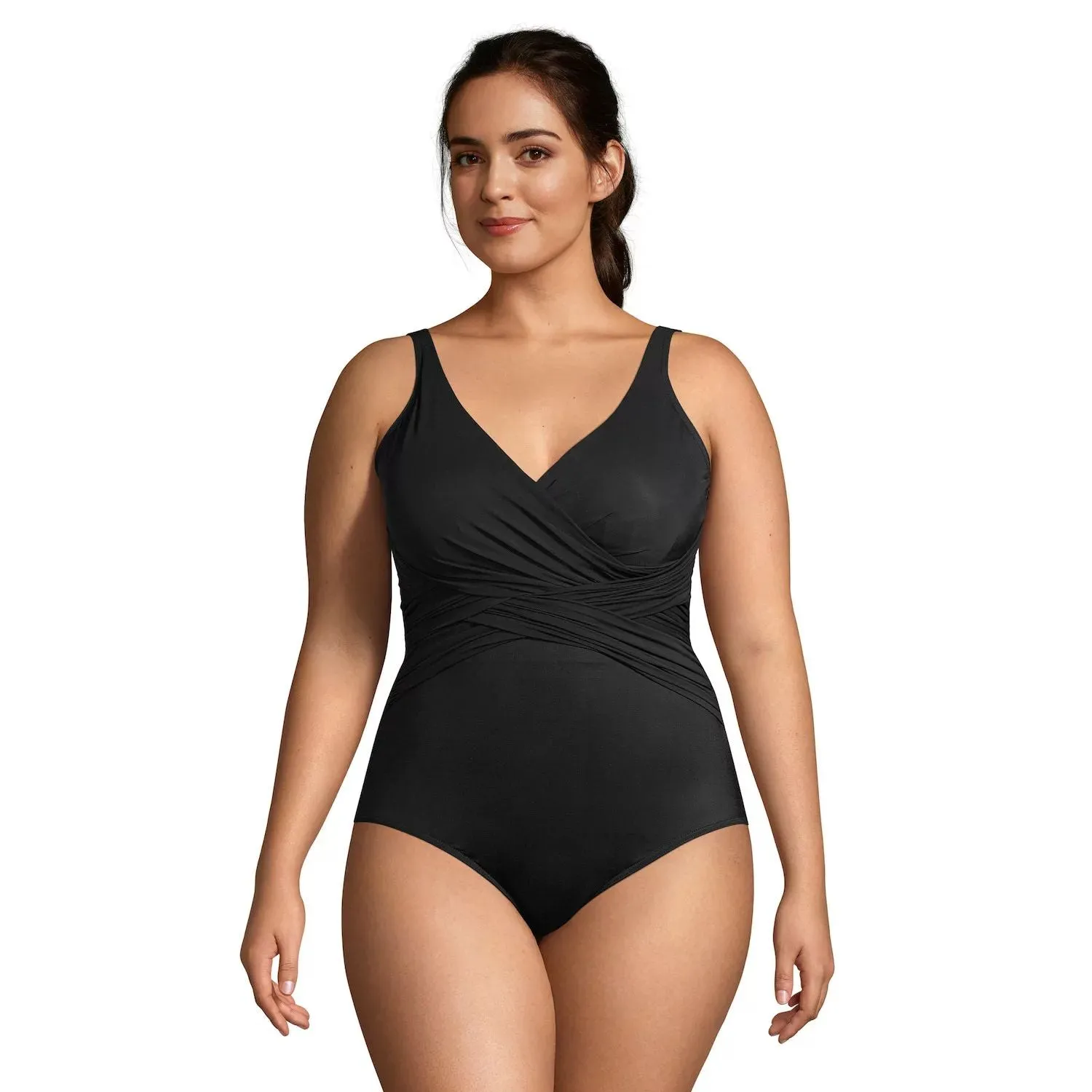 Large Size Lands' End SlenderSuit Lands' End Tummy Control One-Piece Swimsuit, Black