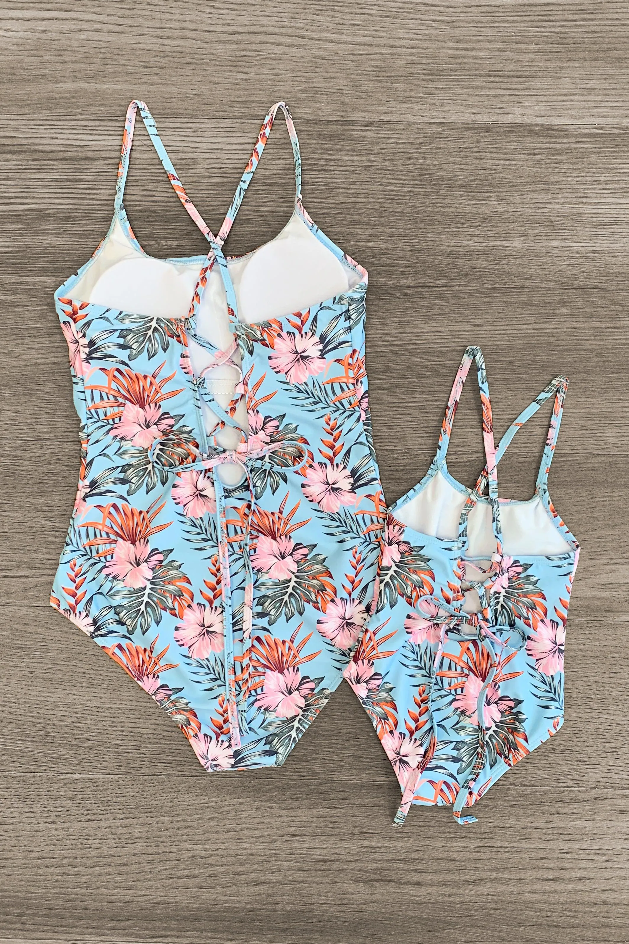 Light Blue Exotic Floral Family Swimsuits