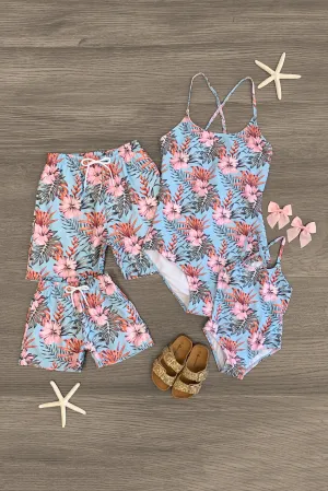 Light Blue Exotic Floral Family Swimsuits