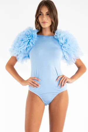 Light Blue Solid Exaggerated Bodysuit W Mesh Ruffle Sleeves