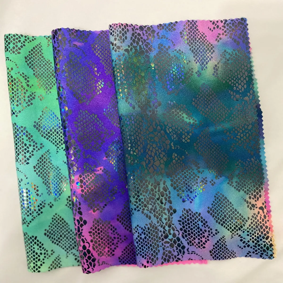 Lime Green Aqua Anaconda Tie Dye Hologram Snake Skin Nylon Spandex Fabric