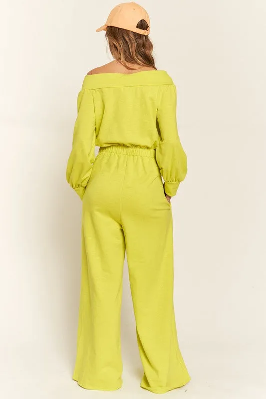 Lime One Shoulder Terry Jumpsuit