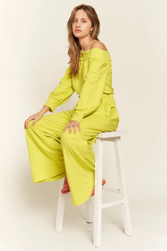 Lime One Shoulder Terry Jumpsuit