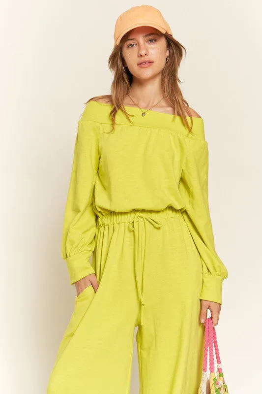 Lime One Shoulder Terry Jumpsuit