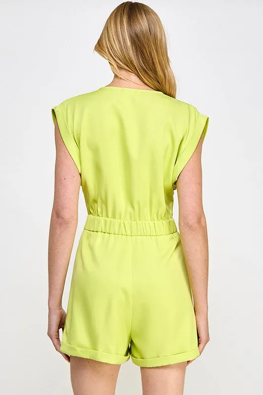 Lime Sleeveless Romper With Front Flap Pocket