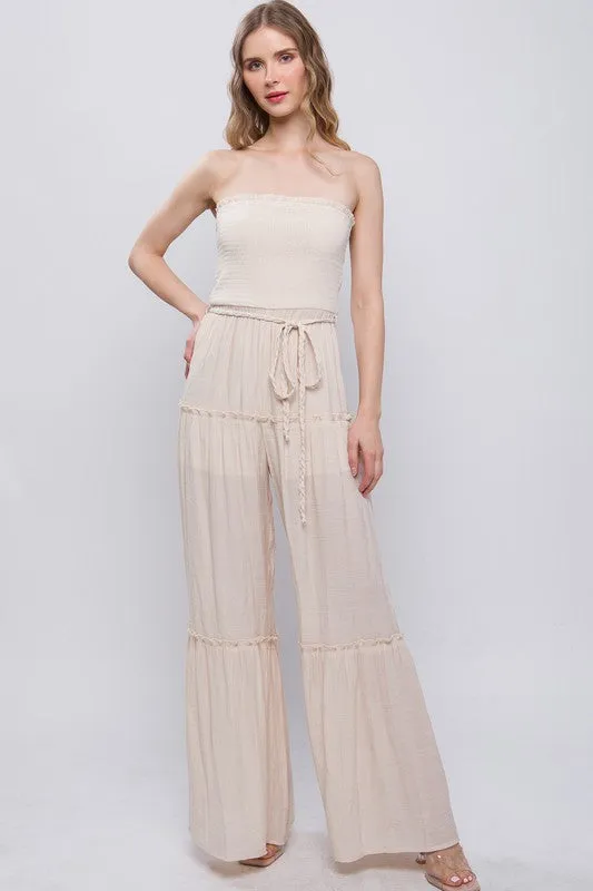 Natural Woven Solid Sleeveless Smocked Ruffle Jumpsuit