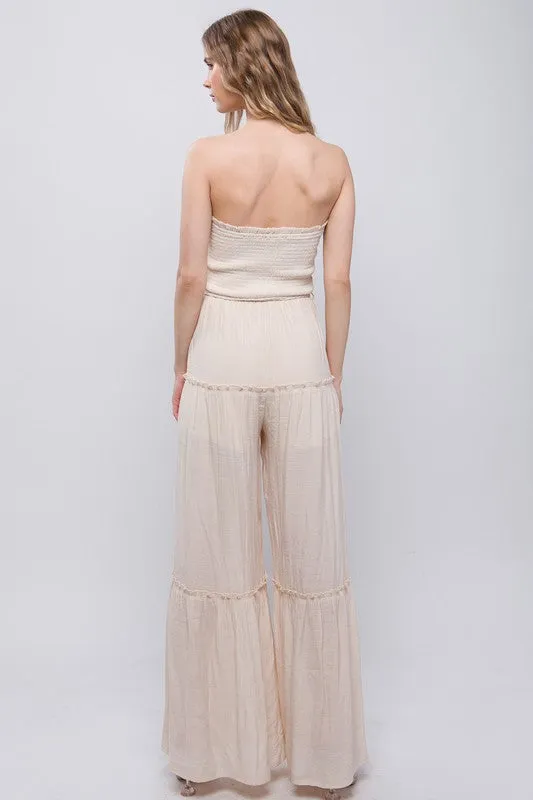 Natural Woven Solid Sleeveless Smocked Ruffle Jumpsuit