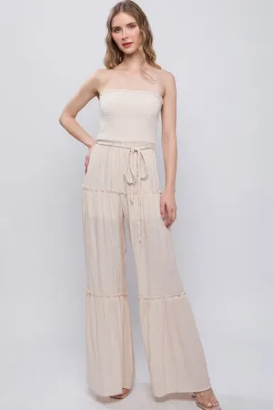 Natural Woven Solid Sleeveless Smocked Ruffle Jumpsuit