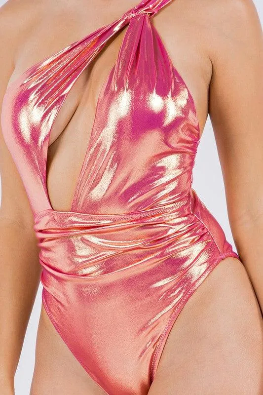 One Piece Metallic One Shoulder Swimsuit