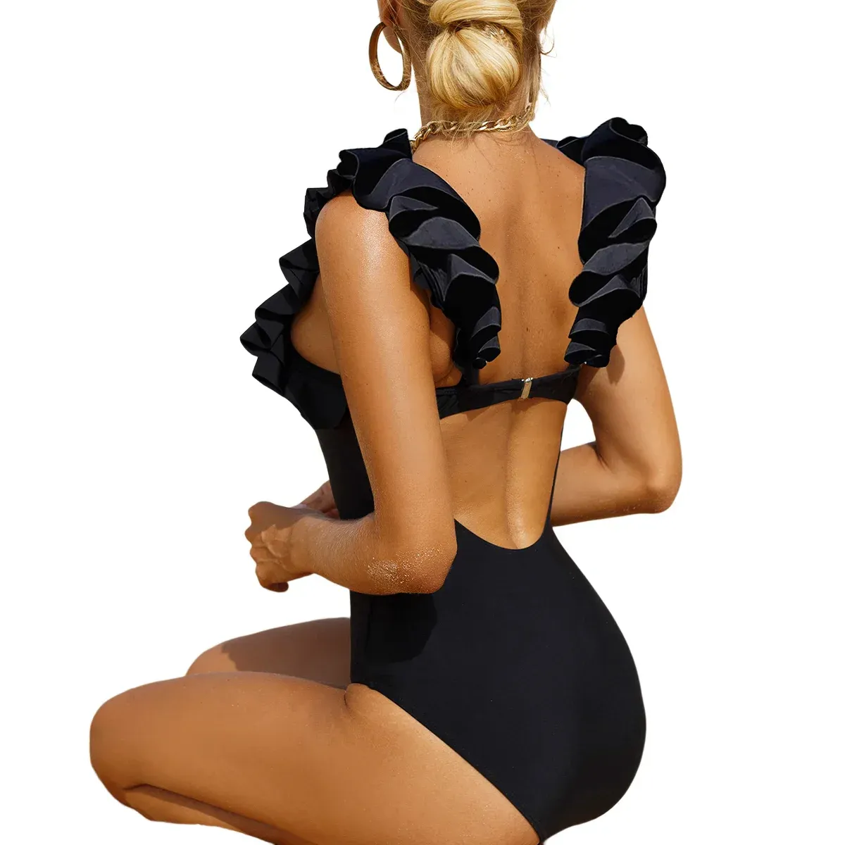 One-Piece Swimsuit with Shoulder Ruffles