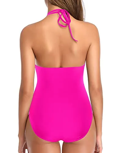 One Piece Women Swimsuit Tummy Control Halter Bathing Suit-Neon Pink