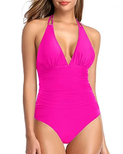 One Piece Women Swimsuit Tummy Control Halter Bathing Suit-Neon Pink