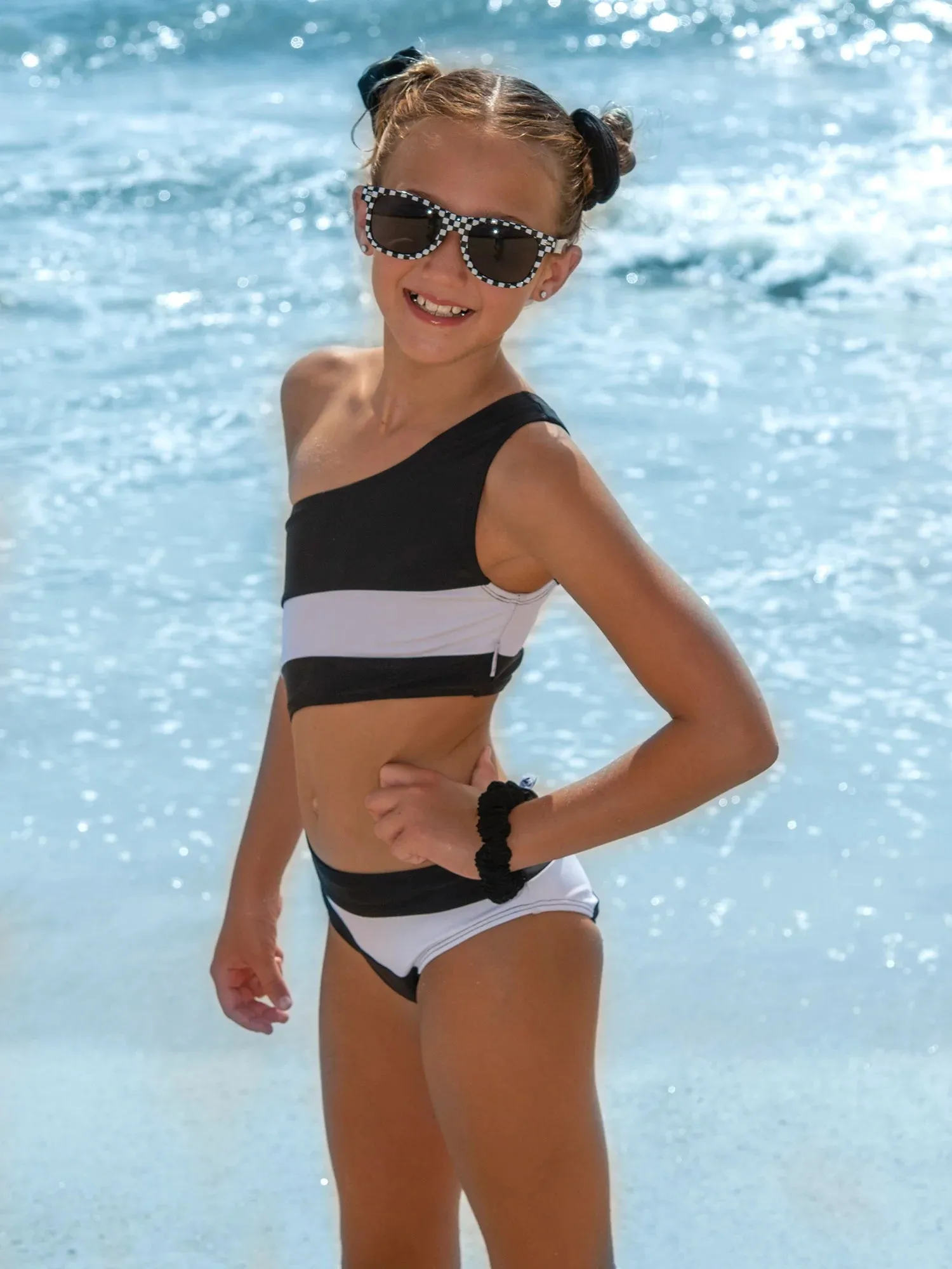 One shoulder, one side cut out on waist Black One piece