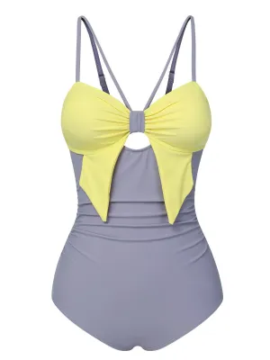Purple & Yellow 1950s Cut Out Contrast Bow Swimsuit