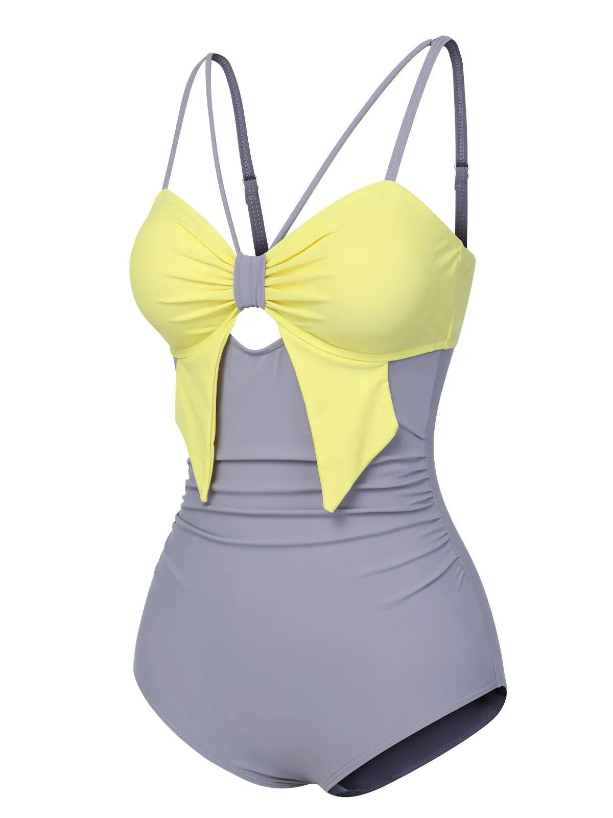 Purple & Yellow 1950s Cut Out Contrast Bow Swimsuit