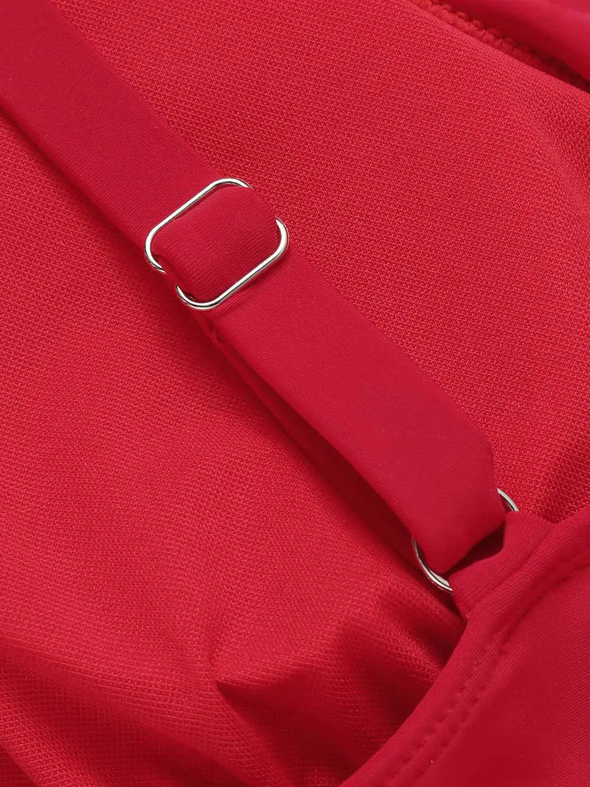 Red 1950s Solid Deep V-Neck Belt Swimsuit