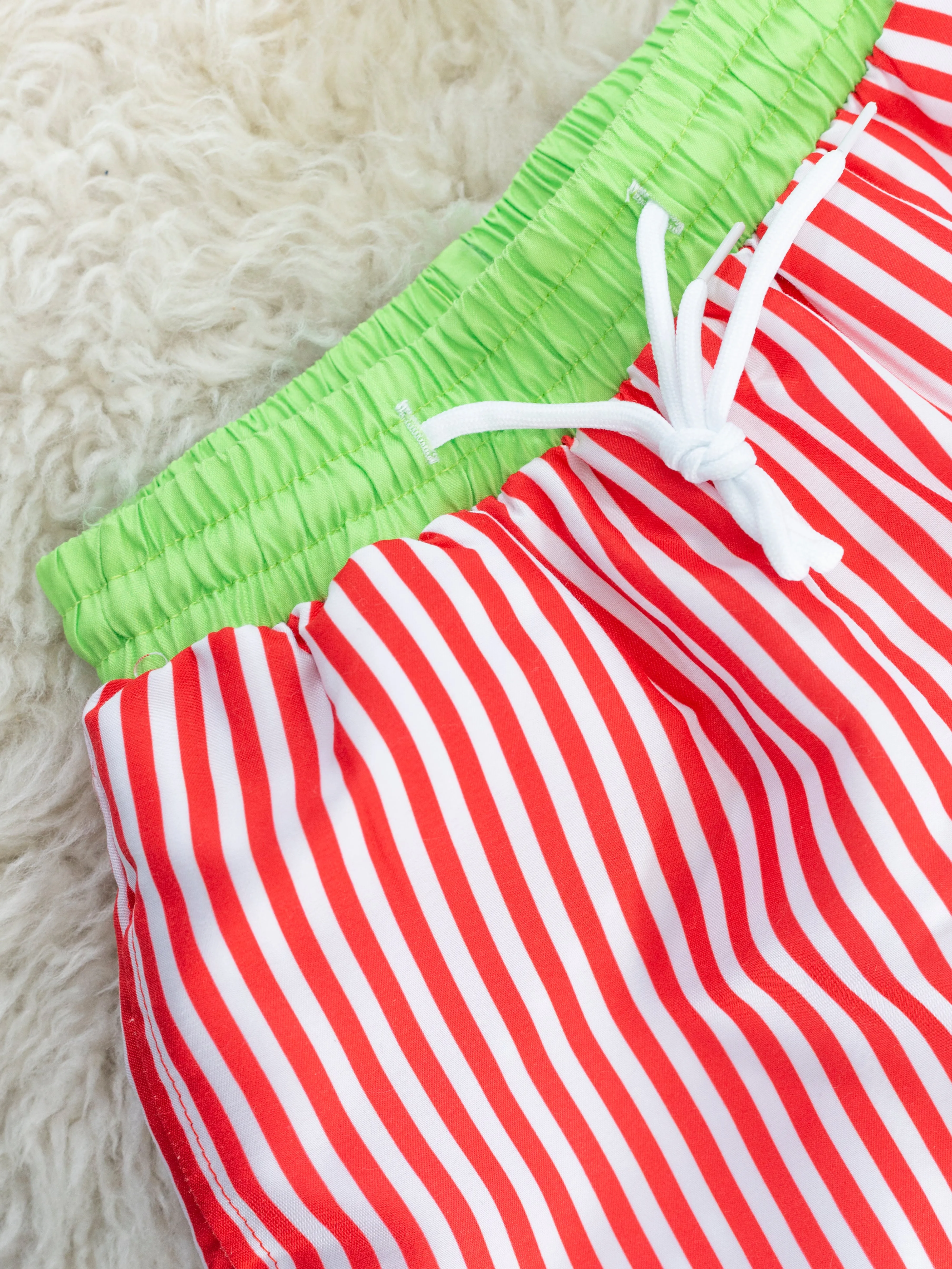 Red & Lime Striped Swim Trunks