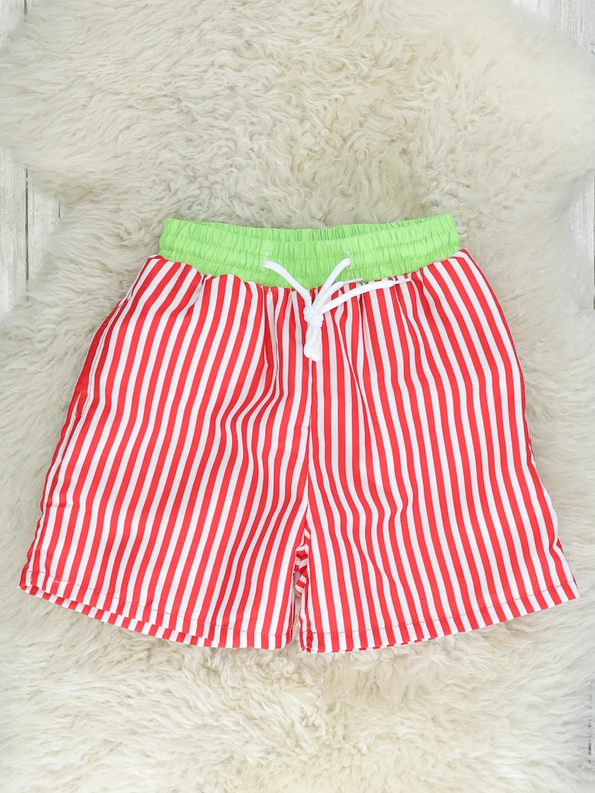 Red & Lime Striped Swim Trunks