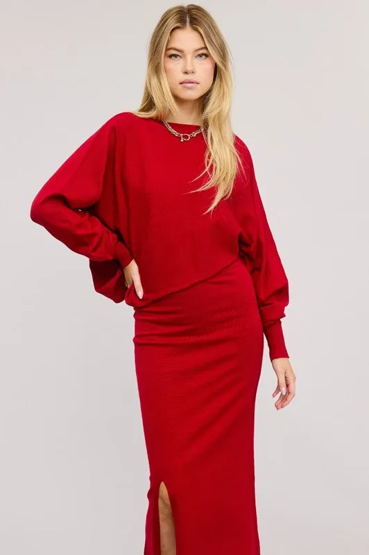 Red Asymmetrical Top N Skirt Knit Set