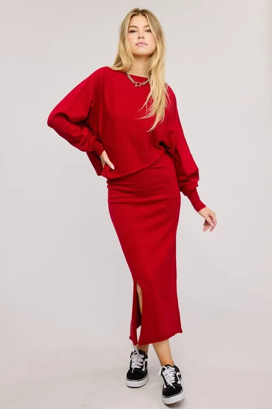 Red Asymmetrical Top N Skirt Knit Set