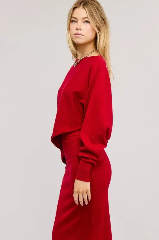 Red Asymmetrical Top N Skirt Knit Set