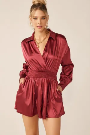 Red Dahlia Long Sleeve Silk Dress With Waist Banded In V Neck
