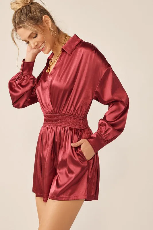 Red Dahlia Long Sleeve Silk Dress With Waist Banded In V Neck