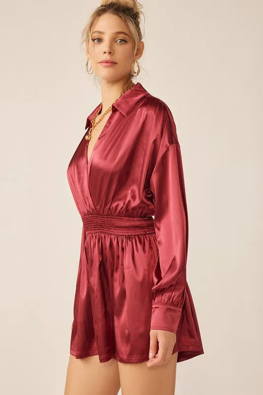 Red Dahlia Long Sleeve Silk Dress With Waist Banded In V Neck