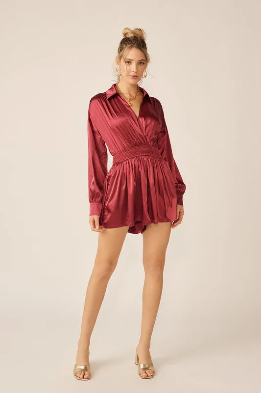 Red Dahlia Long Sleeve Silk Dress With Waist Banded In V Neck