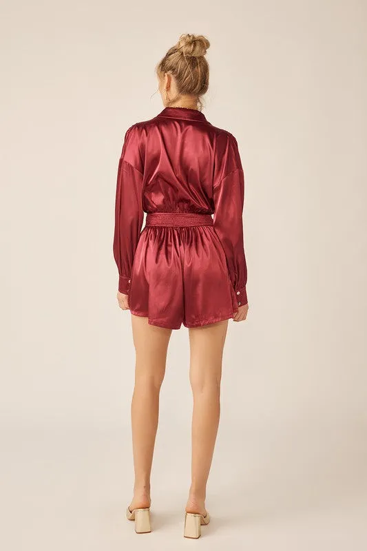 Red Dahlia Long Sleeve Silk Dress With Waist Banded In V Neck